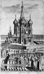 Representation av Treenighetskyrkan i Moskva i en gravyr från 1600-talet.