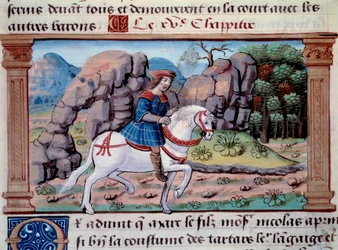 Representation av den venetianske navigatören Marco Polo (1254-1324) till häst" Miniatyr hämtad från "" The Book of Wonders"" ("" Devisement of the World"", "" Il Milione") av Marco Polo (1254-1324) ). 1298. Paris, Arsenals bibliotek