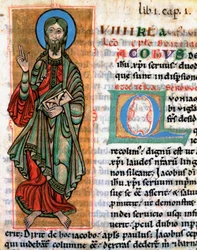 Representation av aposteln Sankt Jakob den stora miniatyren hämtad från "Codex Calixtinus" (boken av Sankt Jakob), cirka 1140. Fol. 4. Arkiv för katedralen i Santiago de Compostela (Santiago de Compostela), Spanien