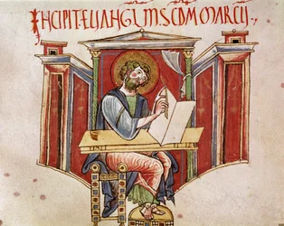 Representation av evangelisten Sankt Markus miniatyr från ett manuskript av benediktinermunkarna "Liber evangeliarum"" 1000- eller 1100-talets Biblioteca Vallicelliana Rom