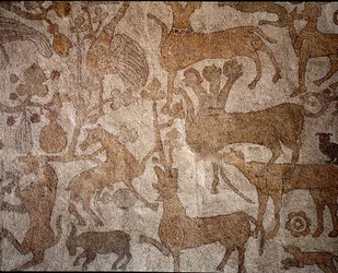 Representation av den imaginära indiska faunan som symboliserar Alexander den stores bedrifter (356-323 f.Kr.), kung av makedonska under erövringen av Indien Pavement of Pantaleone (eller Pantaleon)