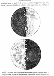 Representation av månen. Plåt tagen från "" Sidereus nuncius"" (eller "" den himmelska budbäraren") av Galileo Galilei (Galiléen)