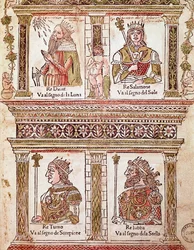Representation av kungarnas sida: kung David, kung Salomo, kung Turno och kung Lubba (Kungarnas sida) 1496) poet och humanist