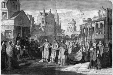 Representation av den romantiska operan "" Lohengrin"" av Richard Wagner (1813-1883), akt II sista scen, på Kungliga Teatern i München, Tyskland. Gravyr i "The Illustrous Universe"