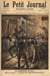 Räddning vid Saint Saviour-sjukhuset i Lille eller en brand härjade de tre äldsta monumenten i staden, kyrkan, det gamla tornet och sjukhuset. Gravyr i "" Le petit journal"" 1896-04-12. Selvas samling.