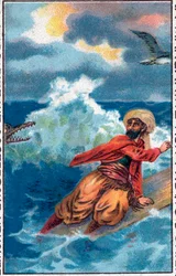 Räddning på en bräda. Sinbads (Sindbad) sjömannens underbara äventyr. Populär berättelse om 1001 nätter (tusen och en natt). Kromolitografi från slutet av 1800-talet.