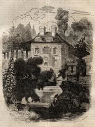 Residens för Rousseau på ön Saint-Pierre (St. Petersinsel) Bern - Schweiz - Illustration för "" bekännelserna" av Jean-Jacques (Jean Jacques) Rousseau (1712-1778) - gravyr av 1849