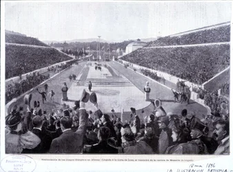 Restaurering av de olympiska spelen i Aten: ankomst av Lues, maratonvinnare