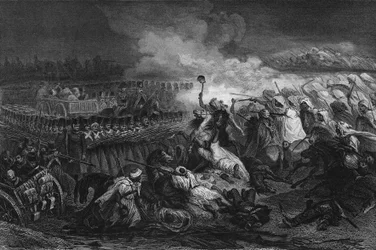 Arabernas pensionering framför torget som bildades av den franska armén i Konstantin 1837, i "Algerie ancienne et moderne"" av Leon Galibert