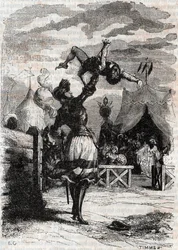 Revenge of Marphise (Marfisa) - gravyr från 1851 från "" Furious Roland"" (Orlando furioso) (1500-talet) av Ludovico Ariosto, känd som Ariosto - Edition översatt från italienska av greven av Tressan och publicerad av Gustave Harvard 1851
