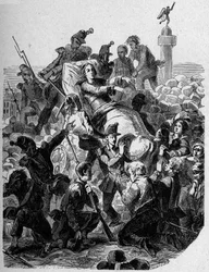 Revolution 1848: "" Ärkebiskopen Denis Affre (1793-1848) sårar och bär på en bår 1848."