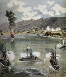 Revolutionen i Chile: attacken mot Valparaiso 1891. Illustration hämtad från "" Supplement illustrerar du Pepetit journal""" 1891. Paris, B.N.