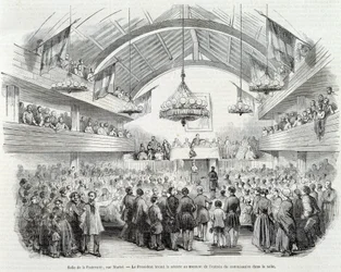 Revolutionen 1848: Brotherhood Hall, Rue Martel, presidenten ajournerade sammanträdet vid ingången till kommissionären i rummet