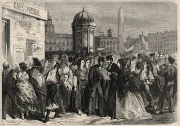 Septemberrevolutionen 1868 i Spanien (Gloriosa): läsning av juntans manifest på gatan i Alcala i Madrid. Gravyr i "" L