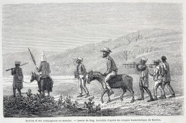Richard Francis Burton, brittisk upptäcktsresande (1821-1890), och hans följeslagare i Afrika. Ritning som illustrerar artikeln "" Kapten Burtons resa till Afrikas stora sjöar 1857-59" - i "" Tour du Monde"", 2:a terminen. 1860