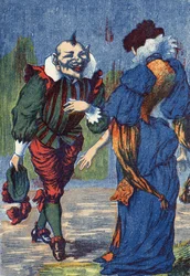 Riquet presenterar sig för prinsessan igen. Illustration till "Riquet a la houppe", berättelse av Charles Perrault (1628-1703), fransk författare. Anonym illustration. Bildmaterial Marcel Vagne, Jarville Nancy, odaterat (slutet av 1800-talet).