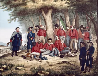 Risorgimento: "den italienske patrioten Giuseppe Garibaldi (1807-1882) sårar i Aspromonte, den 29/08/1862 transporteras av soldater" (målning)