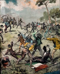 Risorgimento: "" den italienske revolutionären Carlo Pisacane (1818-1857) stormas av bönder i Sapri den 28/06/1857"" Gravyr Privat samling