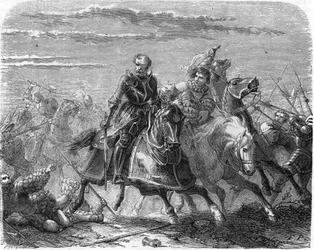 Robert av Marken av Landsknechts, tar bort sin sons kropp från schweizarna. Gravyr av 1800-talet.