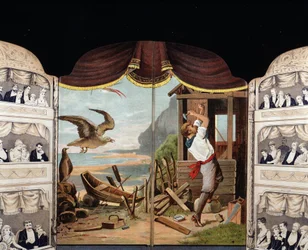 Robinson Crusoe bygger sin stuga, cirka 1890. Roman av Daniel de Foe eller Defoe (1660 - 1731)