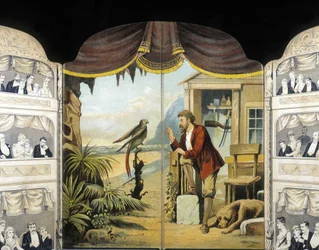 Robinson Crusoe med sin papegoja, cirka 1890. Roman av Daniel de Foe eller Defoe (1660 - 1731)