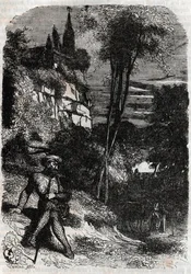 Rodomont, Isabella och den gamle eremiten - 1851 gravyr från "" Furious Roland"" (Orlando furioso) (1500-talet) av Ludovico Ariosto, känd som Ariosto - Edition översatt från italienska av greven av Tressan och publicerad av Gustave Harvard 1851