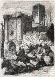 Rodomont slår sönder dörrarna till Palais i Paris - gravyr från 1851 från "" Roland furieux"" (Orlando furioso) (1500-talet) av Ludovico Ariosto, känd som Arioste - Upplaga översatt från italienska av greven av Tressan och utgiven av Gustave Harv