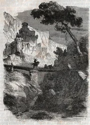 Rodomont besegrad av Bradamante - gravyr från 1851 från "" Furious Roland"" (Orlando furioso) (1500-talet) av Ludovico Ariosto, känd som Ariosto - Edition översatt från italienska av greven av Tressan och publicerad av Gustave Harvard 1851