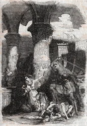 Rodomont massacre les habitatnts de Paris - gravyr från 1851 från "" Roland furieux"" (Orlando furioso) (1500-talet) av Ludovico Ariosto, känd som Arioste - Upplaga översatt från italienska av greven av Tressan och publicerad av Gustave Harvard 185