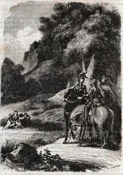 Roger (Ruggero, Ruggiero), Marphise (Marfisa) och de tre kvinnorna - gravyr från 1851 från "" Roland furieux"" (Orlando furioso) (1500-talet) av Ludovico Ariosto, kallad Ariosto - Upplaga översatt från italienska av greven av Tressan och publicerad av