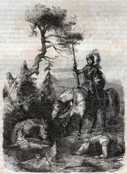 Roger (Ruggero, Ruggiero) använder sig av den förtrollande skölden - gravyr från 1851 från "" Furious Roland"" (Orlando furioso) (1500-talet) av Ludovico Ariosto, känd som Ariosta - Edition översatt från italienska av greven av Tressan och publicerad av