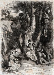 Roland and and the Seven Brigands of the Cave - gravyr från 1851 från "" Furious Roland"" (Orlando furioso) (1500-talet) av Ludovico Ariosto, känd som Ariosta - Upplaga översatt från italienska av greven av Tressan och utgiven av Gustave Harvard