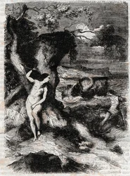 Roland delivre Olympe - gravyr från 1851 från "" Roland furieux"" (Orlando furioso) (1500-talet) av Ludovico Ariosto, känd som Ariosto - Edition översatt från italienska av greven av Tressan och publicerad av Gustave Harvard 1851