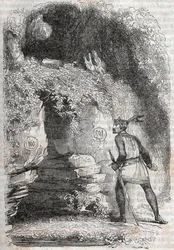 Roland hittar figurerna av Medor (Medoro) och Angelique (Angelica) - gravyr från 1851 från "" Furious Roland"" (Orlando furioso) (1500-talet) av Ludovico Ariosto, känd som Ariosta - Upplaga översatt från italienska av greven av Tressan och publicerar