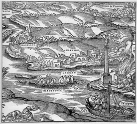 Romerska Gallien: ett monument byggt av de parisiska sjömännen under Tiberes regne, vid sammanflödet av Seine och Marne. Gravyr i "La Marine et les colonies: handel"