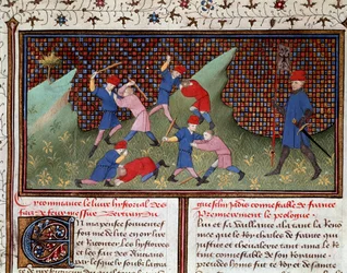 Roman av Ogier den danske: striden med handen och med miniatyrstaven hämtad från "" Chronicle of Bertrand du Guesclin"" (Ms 490) 1405 Musee Conde, Chantilly