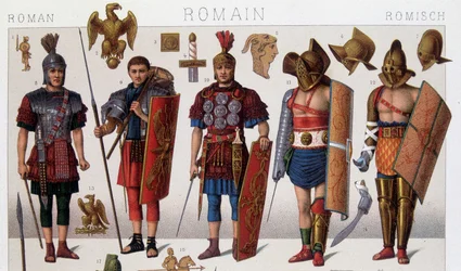 Romerska gladiatorkostymer och krigare. 1800-talets kromolitografi.