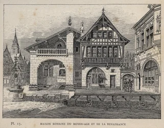 Romerskt hus från medeltiden och renässansen - gravyr från 1889 i "History of human habitation at the Universal Exhibition of 1889, by Mr Charles GARNIER - Librairie centrale des beaux-arts Paris 1889