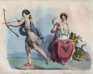Romersk mytologi - Diana, jaktens gudinna, och Ceres, jordbrukets gudinna - gravyr ur "Usi e Costumi di Tutti i Popoli dell