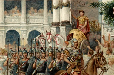 romerskt politiskt system. Kejsaren: Parad för att hedra den romerske kejsaren Augustus (Octavianus eller Octavianus) segrar i Actium, Pannonia och Egypten. Kromolitografi från slutet av 1800-talet.