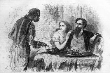 Romersk följetong: "Puritanerna i Paris" av Paul Bocage (1824-1887). "Mannen kom med visitkortet till Robert." Gravyr i "Les bons romances"