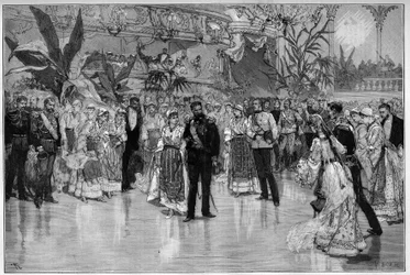 Rumänien: bal till ära för kronprins Rudolf (1858-1889) och prinsessan Stéphanie av Österrike-Ungern (1864-1945) på Nationalteatern i Bukarest. Gravyr i ”Le Monde Illustré”