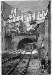 Järnvägsväg från Lyon till Fourviere - gravering i "Journal des voyages"" 1884