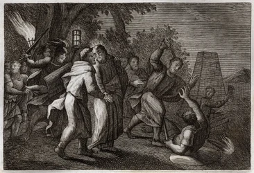 Royaumontbibeln, Nya testamentet: Gripandet av Jesus Kristus eller Judaskyssen. Soldaterna kommer för att gripa Kristus i Getsemane. Sankt Petrus hugger av örat på en av dem. Illustration från 1811.