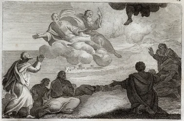 Royaumont Bibeln, Nya testamentet: Jesu Kristi himmelsfärd. Kristus tas från himlen och välsignade Apoters innan han försvann i ett moln. Illustration från 1811.
