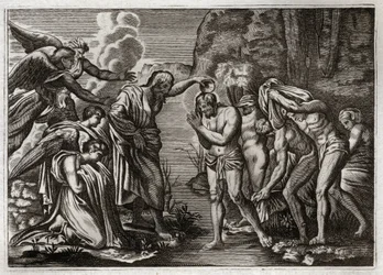 Royaumont Bibeln, Nya testamentet: Jesu Kristi dop. Johannes döparen döper Jesus Kristus i Jordanflodens vatten. Illustration från 1811.