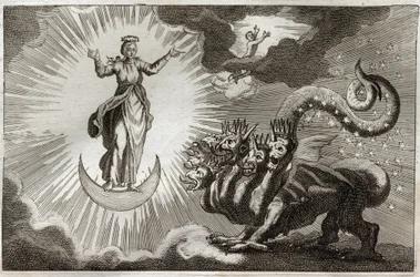 Royaumontbibeln, Nya testamentet: Uppenbarelsebokens odjur. Sankt Johannes ser ett monstruöst odjur med sju huvuden och tio horn och en gravid kvinna omgiven av ljus, under vars fötter månen finns och på vars huvud en krona med tolv stjärnor. Illustration