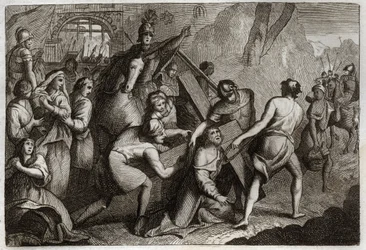 Royaumont Bibeln, Nya testamentet: Att bära korset (korsets väg). Jesus Kristus bär sitt kors till berget Golgata med hjälp av Simon från Cyrene (kyrenéen). Illustration från 1811.