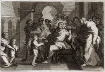Royaumont Bibeln, Nya testamentet: Barnmodell av ödmjukhet. Jesus Kristus föreslår sina lärjungar ett barn som en förebild för den ödmjuke kristne. Illustration från 1811.