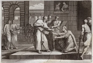 Royaumont Bibeln, Nya testamentet: Cornelius döper. Crow the centurion tar emot tron på Jesus Kristus och döps av St. Peter. Illustration från 1811.